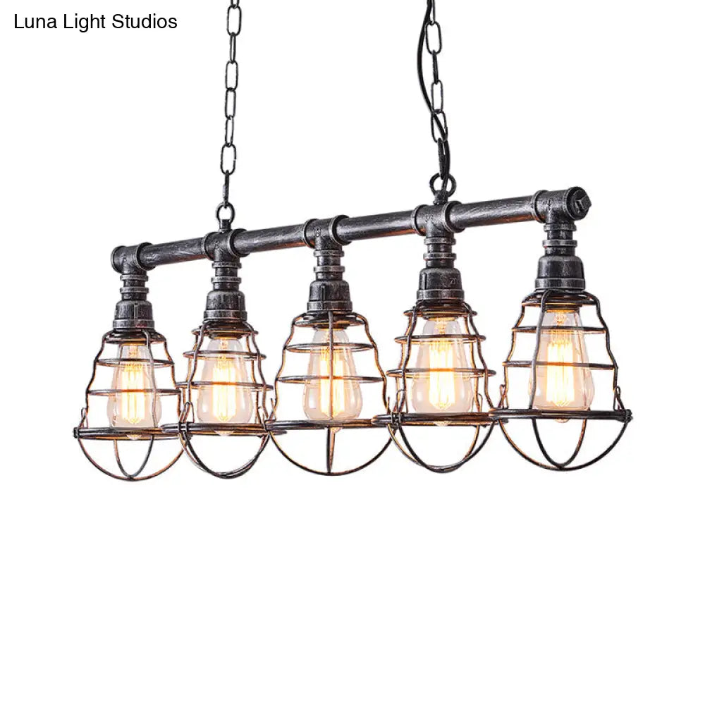 Vintage Metal Caged Island Lamp With 5 Lights - Aged Silver Finish For Dining Room And Billiard