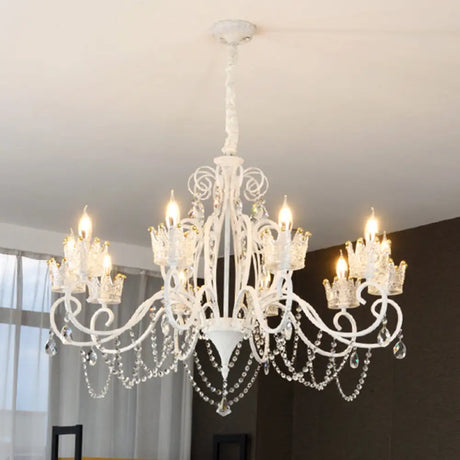 Vintage Metal Candelabra Ceiling Chandelier With Crystal Crown Elegant Living Room Light Fixture 10