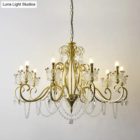 Vintage Metal Candelabra Ceiling Chandelier With Crystal Crown Elegant Living Room Light Fixture