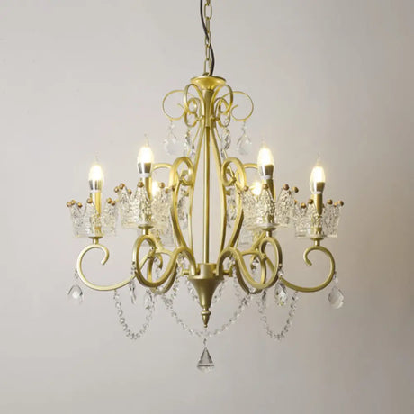 Vintage Metal Candelabra Ceiling Chandelier With Crystal Crown Elegant Living Room Light Fixture 6 /
