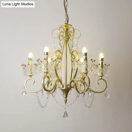 Vintage Metal Candelabra Ceiling Chandelier With Crystal Crown Elegant Living Room Light Fixture