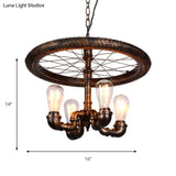 Vintage Metal Chandelier - 4 Lights Rust Pendant Light With Pipe Wheel Design For Living Room