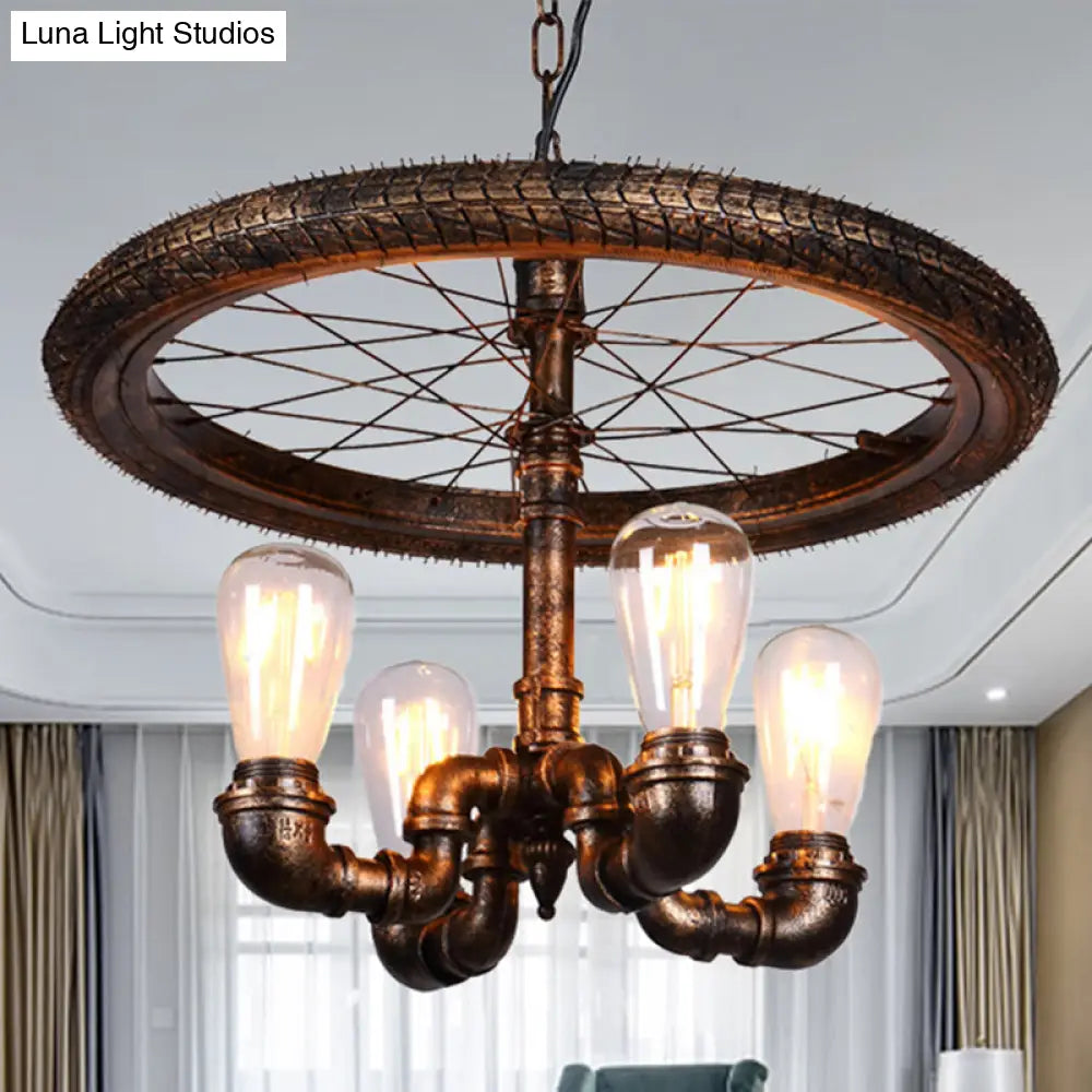 Vintage Metal Chandelier - 4 Lights Rust Pendant Light With Pipe Wheel Design For Living Room