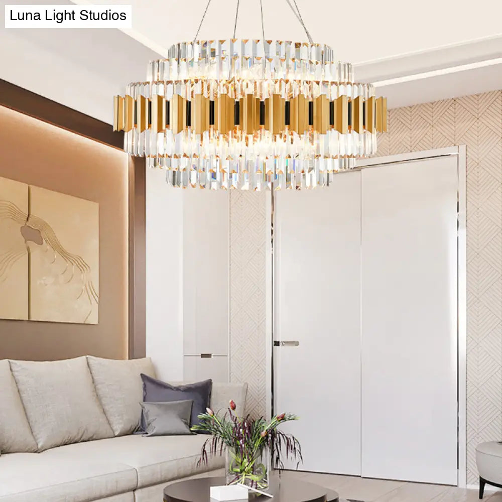 Vintage Metal Chandelier Light With Layered Pendant And Faceted Crystal In Gold For Dining Room