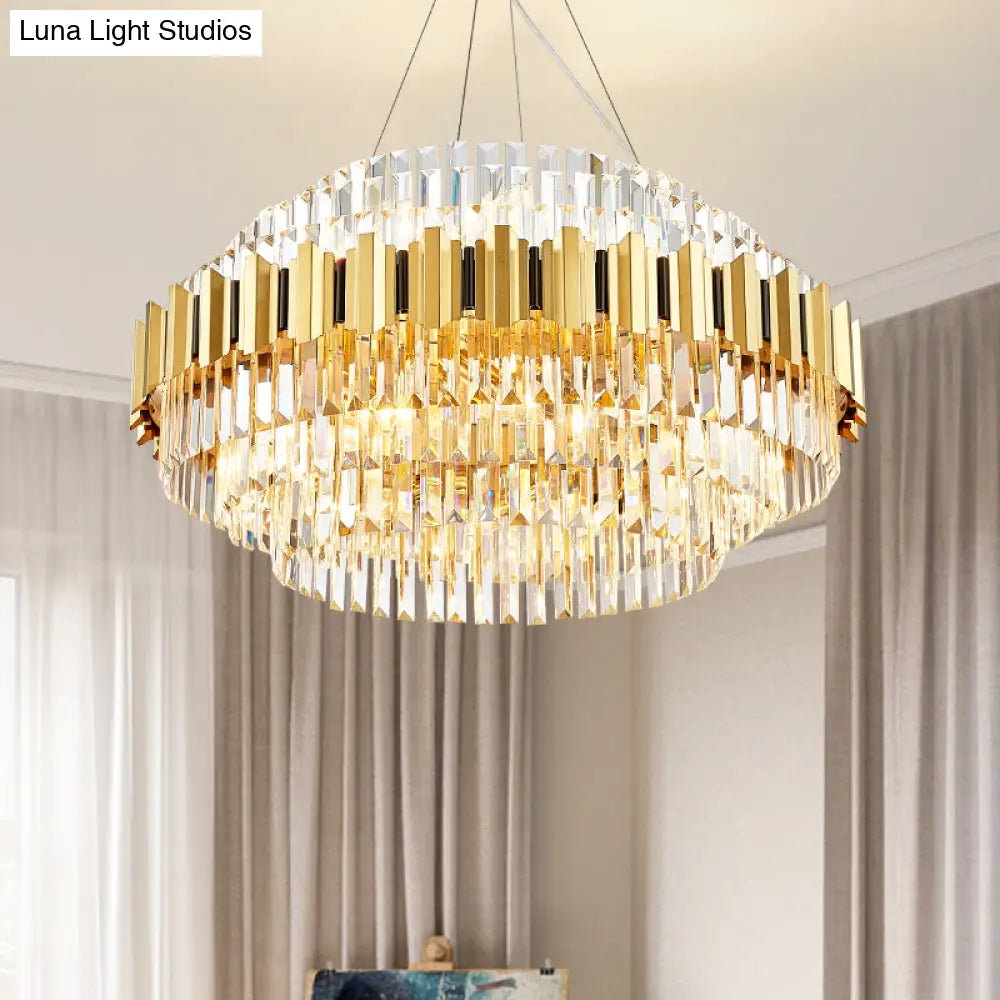 Vintage Metal Chandelier Light With Layered Pendant And Faceted Crystal In Gold For Dining Room