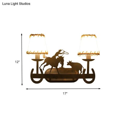 Vintage Metal Cone Wall Light Fixture - Rust Sconce Lamp With Animal Decoration 2-Light Dining Room