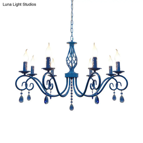 Vintage Metal Curly Arm Pendant Chandelier - 8 Bulbs Black/White/Blue Ideal For Living Room