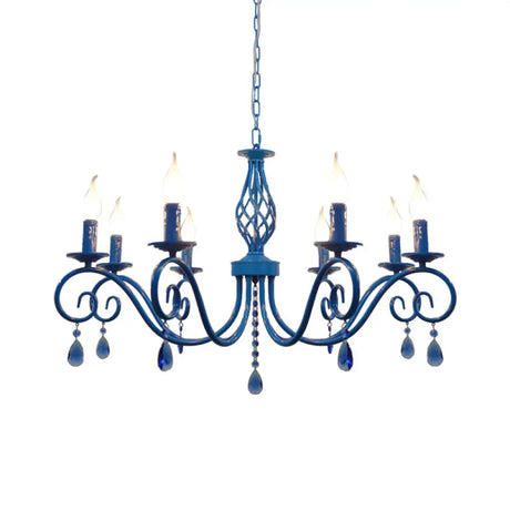 Vintage Metal Curly Arm Pendant Chandelier - 8 Bulbs Black/White/Blue Ideal For Living Room Blue
