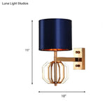 Vintage Metal Cylinder Wall Sconce With Fabric Shade- Blue Bedroom Light Fixture