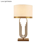 Vintage Metal Fluted Oval Living Room Table Lamp With Gold Finish And Fabric Shade