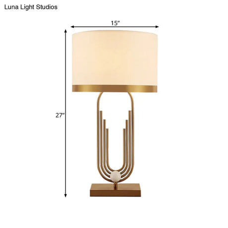 Vintage Metal Fluted Oval Living Room Table Lamp With Gold Finish And Fabric Shade