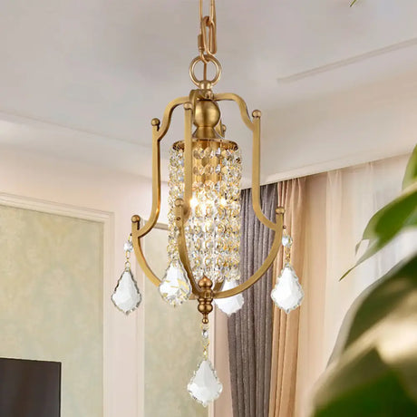 Vintage Metal Lantern Frame Pendant Ceiling Light with Crystal Accent Brass Finish Brass