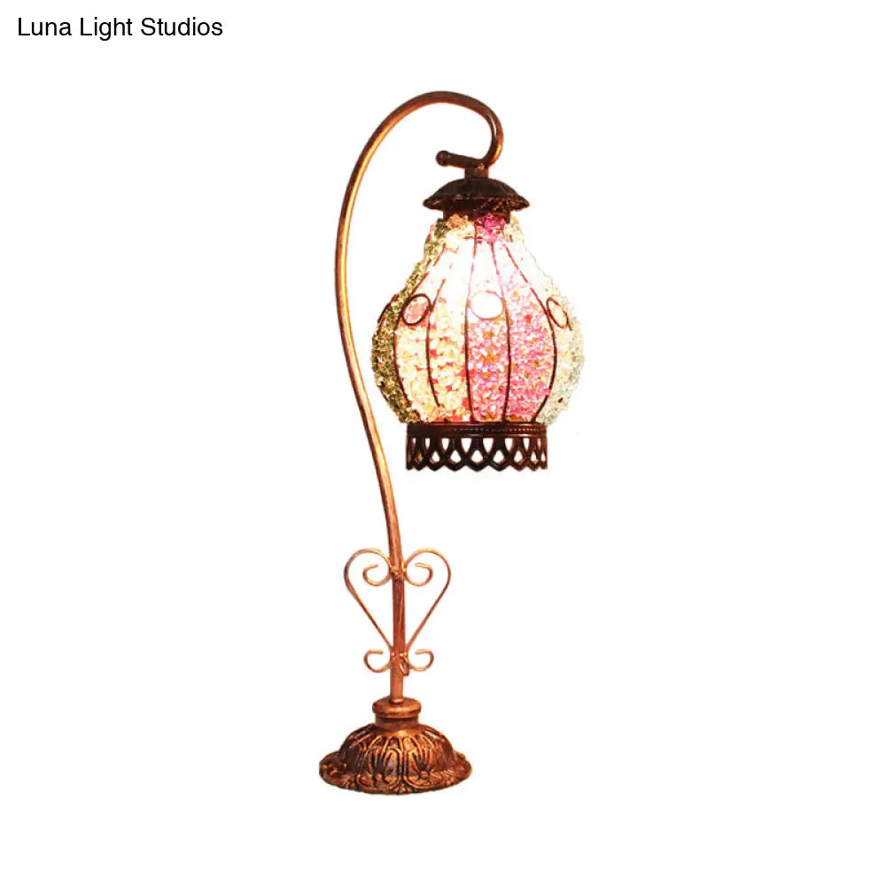 Vintage Metal Night Table Lamp In White/Pink/Red With Curving Arm For Living Room Nightstand