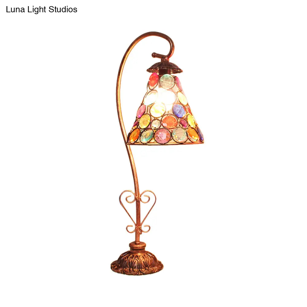 Vintage Metal Night Table Lamp In White/Pink/Red With Curving Arm For Living Room Nightstand