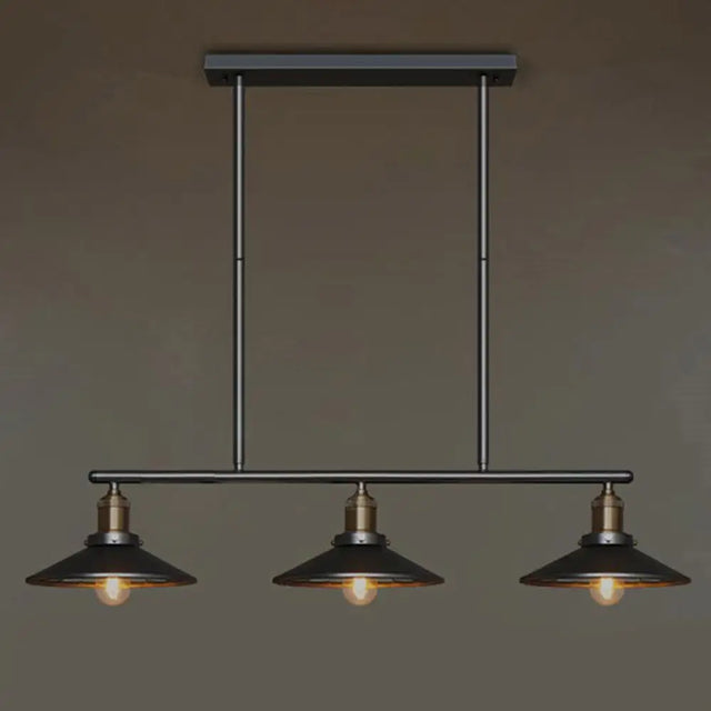 Vintage Metal Pendant Light With 3 Black Cone Shades For Restaurant Or Warehouse