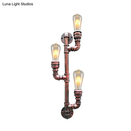 Vintage Metal Rust Finish Sconce Lighting With 3 Branch Heads - Wall Mount Pipe Lamp For Corners