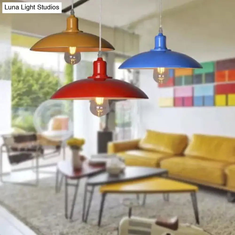 Vintage Metal Saucer Shade Pendant Ceiling Light: Green/Red Stylish 1-Light Fixture For Table