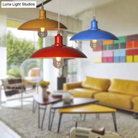 Vintage Metal Saucer Shade Pendant Ceiling Light: Green/Red Stylish 1-Light Fixture For Table