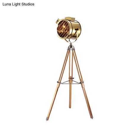 Vintage Metal Spotlight Floor Lamp With Tripod Stand - Black/Wood Perfect For Living Room Lighting