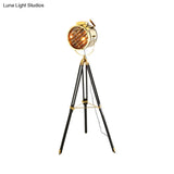 Vintage Metal Spotlight Floor Lamp With Tripod Stand - Black/Wood Perfect For Living Room Lighting