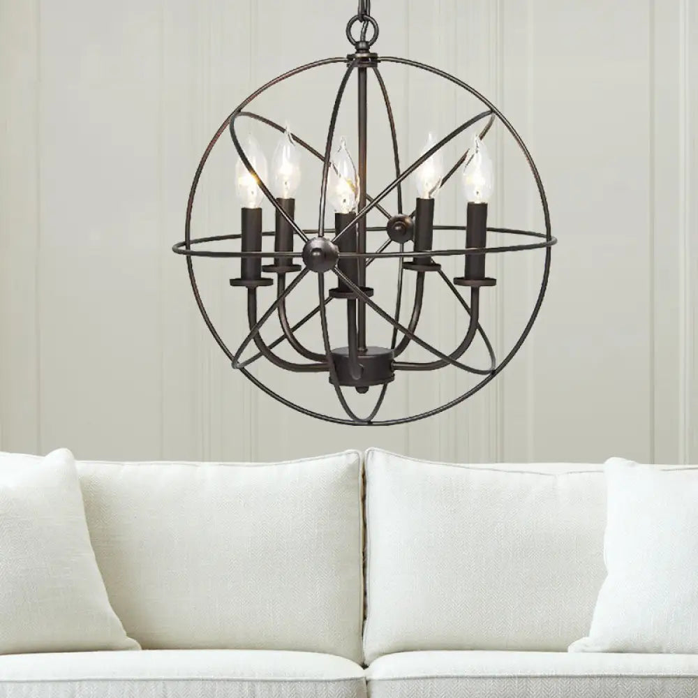 Vintage Metal Strap Globe Chandelier Pendant Light - 5 Bulb Hanging Lamp In Black Ideal For