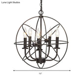 Vintage Metal Strap Globe Chandelier Pendant Light - 5 Bulb Hanging Lamp In Black Ideal For