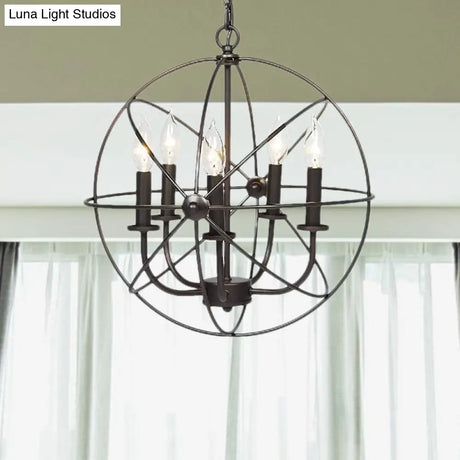 Vintage Metal Strap Globe Chandelier Pendant Light - 5 Bulb Hanging Lamp In Black Ideal For