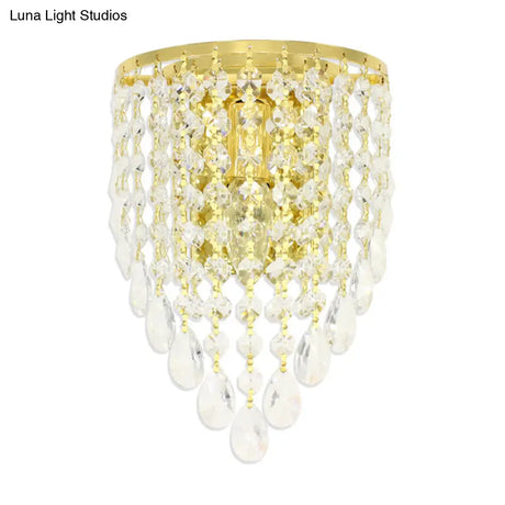 Vintage Metal Tapered Wall Mount Light Sconce With Clear Crystal Draping - 10/15 W 1 Bulb Elegant