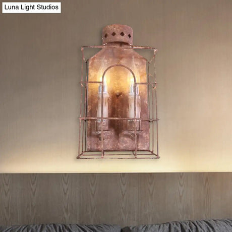 Vintage Metal Wire Cage Wall Sconce Light With 2-Lights For Hallway Corridor In Rustic Finish