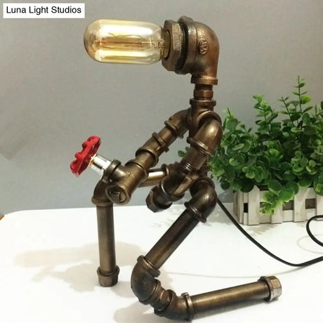 Vintage Metallic Brass Robot Design Table Lamp - Unique Coffee Shop Light With Plumbing Pipe Accent