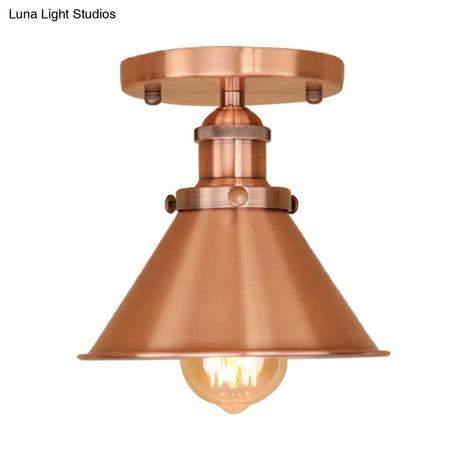 Vintage Metallic Conical Semi-Flush Light In Brass/Copper - Perfect For Hallways