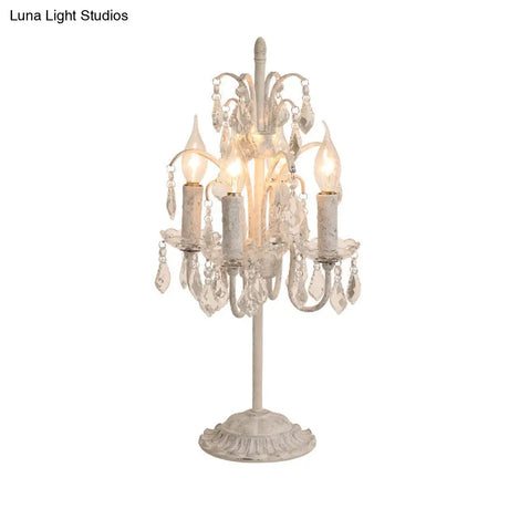 Vintage Metallic Nightstand Lamp With Hanging Crystal - 4 Bulb Table Light For Living Room