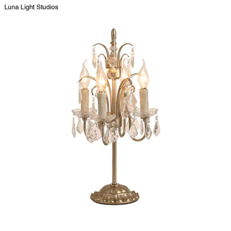 Vintage Metallic Nightstand Lamp With Hanging Crystal - 4 Bulb Table Light For Living Room