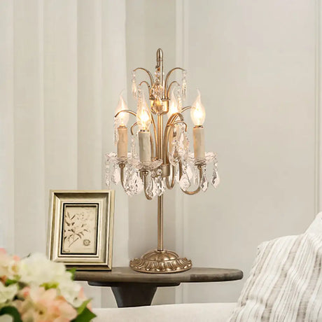 Vintage Metallic Nightstand Lamp With Hanging Crystal - 4 Bulb Table Light For Living Room Silver