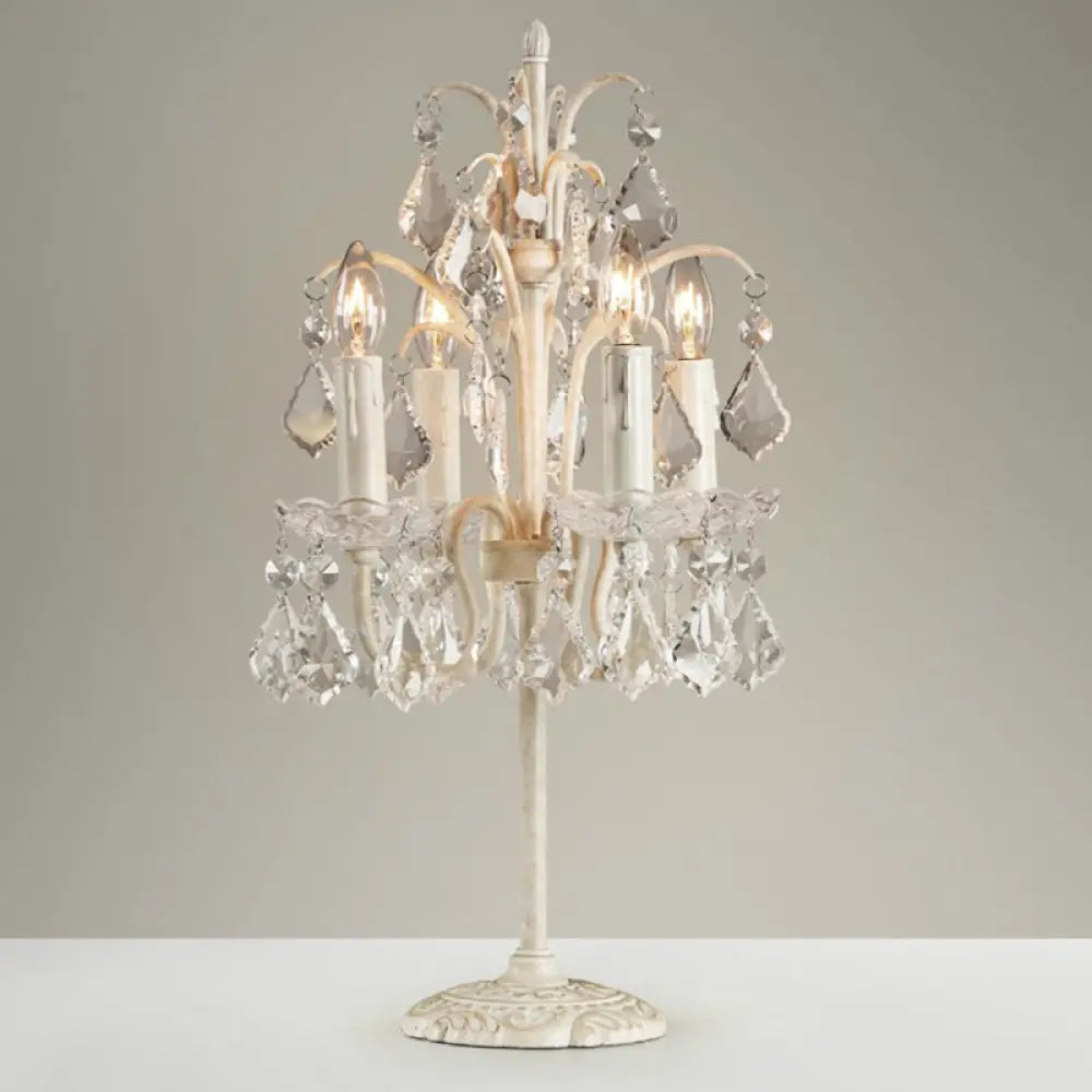 Vintage Metallic Nightstand Lamp With Hanging Crystal - 4 Bulb Table Light For Living Room White