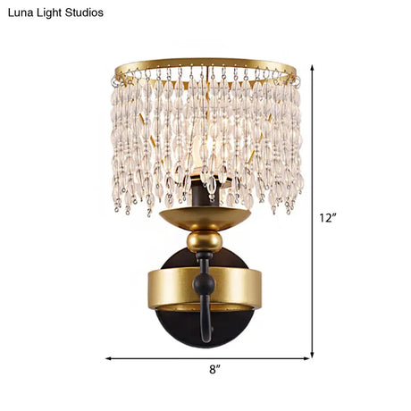 Vintage Metallic Ring Wall Lamp With Crystal Beaded Strand - 1 Bulb Brass Bedside Lighting