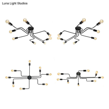 Vintage Metallic Semi Flush Light With Sputnik Design In Antique Brass/Black - Exposed Ceiling