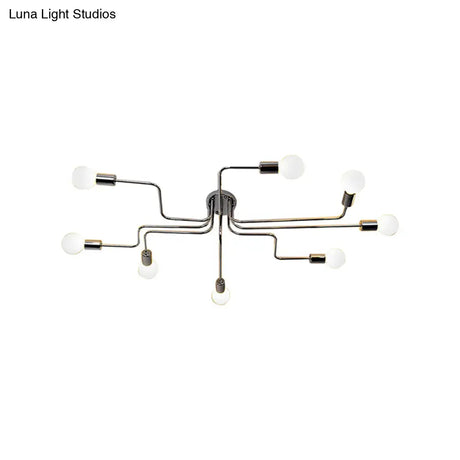 Vintage Metallic Semi Flush Light With Sputnik Design In Antique Brass/Black - Exposed Ceiling