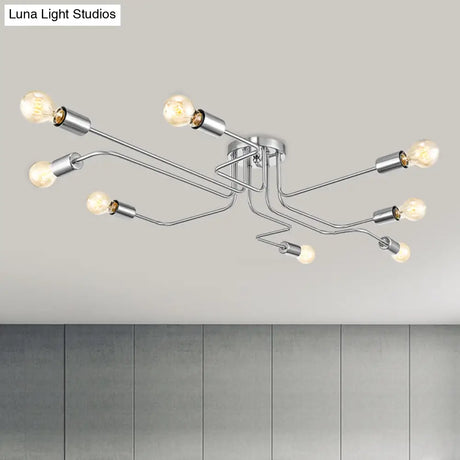 Vintage Metallic Semi Flush Light With Sputnik Design In Antique Brass/Black - Exposed Ceiling