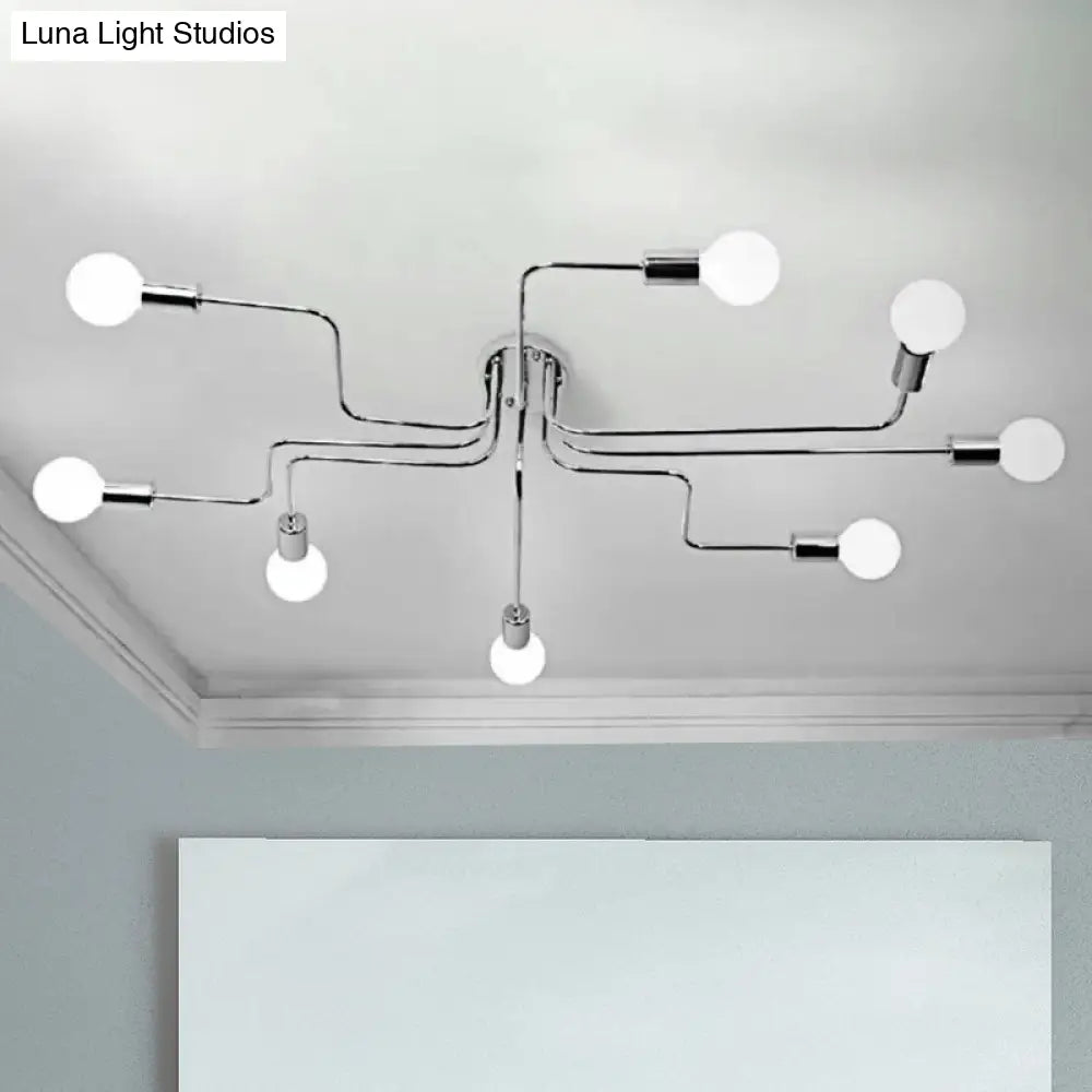 Vintage Metallic Semi Flush Light With Sputnik Design In Antique Brass/Black - Exposed Ceiling