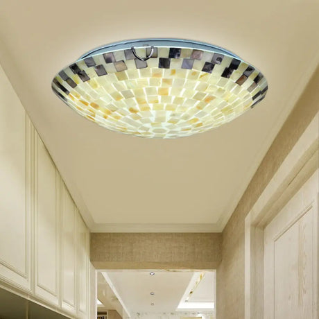 Vintage Mosaic Glass Flush Mount Ceiling Light - Beige Bowl 1 Bulb 12’/16’/19.5’ Wide Ideal