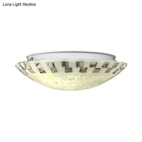 Vintage Mosaic Glass Flush Mount Ceiling Light - Beige Bowl 1 Bulb 12’/16’/19.5’ Wide Ideal