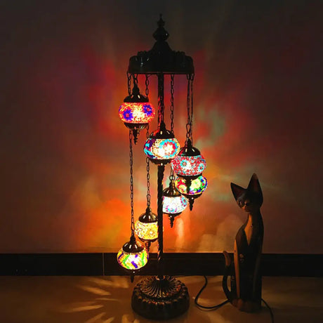 Vintage Multicolored Stained Glass Floor Lamp For Living Room - 7 Lights Spiral Design