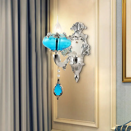 Vintage Oblate Blue Glass Wall Light With Crystal Accent In Silver For Corridors. 1 /