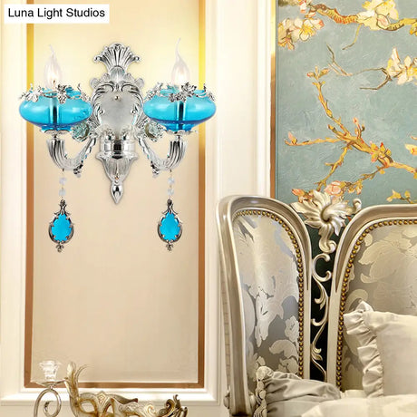 Vintage Oblate Blue Glass Wall Light With Crystal Accent In Silver For Corridors.