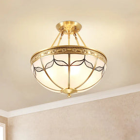 Vintage Opal Glass 4 - Light Semi Flush Mount In Brass For Bedroom - 12.5’/16’ Wide / 12.5’