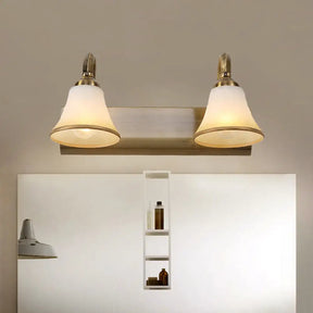 Vintage Opal Glass Bell Wall Mounted Vanity Sconce With Gold Finish And Metal Swooping Arm - 2/3/4