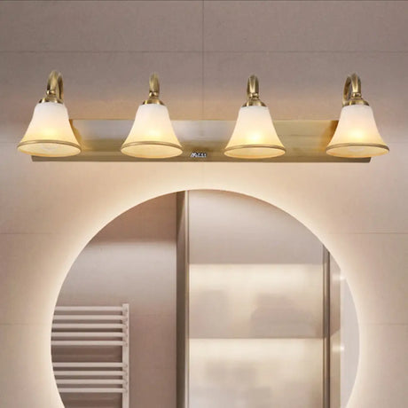 Vintage Opal Glass Bell Wall Mounted Vanity Sconce With Gold Finish And Metal Swooping Arm - 2/3/4