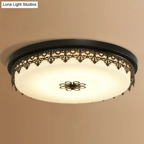 Vintage Opal Glass Drum Led Flush Ceiling Light For Bedroom Black Floral Decor
