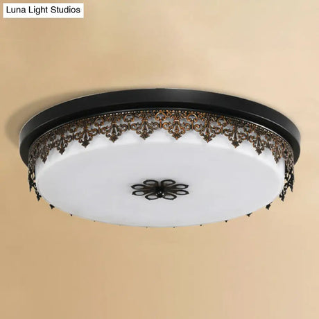 Vintage Opal Glass Drum Led Flush Ceiling Light For Bedroom Black Floral Decor